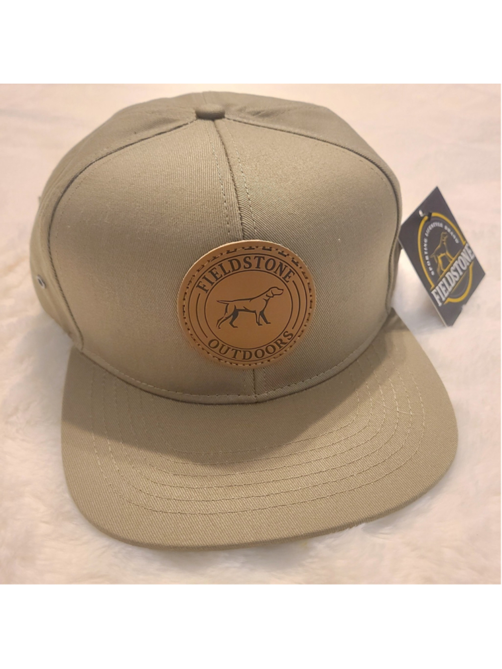 NEW Fieldstone Outdoors khaki snapback hat Circle Leather Hunting Dog Patch Tan